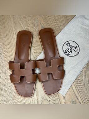 Hermes Oran Leather Slide Sandals Brown Calfskin Made In Italy Women’s Size 40